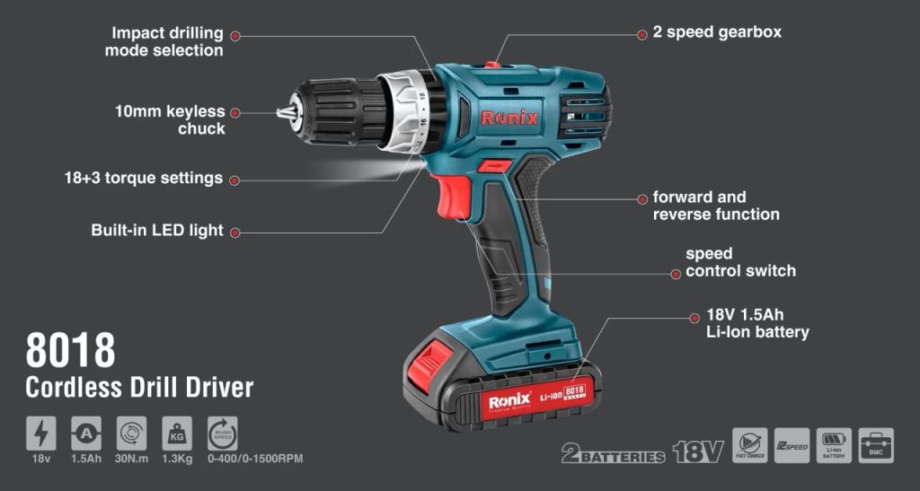 دریل شارژی 18 ولت رونیکس مدل 8018